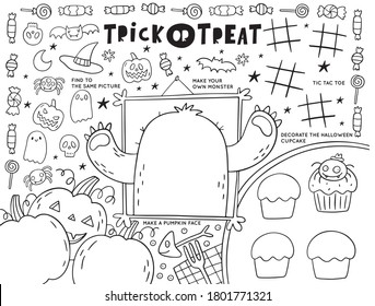 Trick Or Treat Worksheets Coloring Page. Halloween Coloring Page For Kids. Cartoon Pumpkin, Bat, Monsters Activity