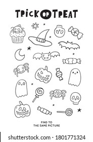 Trick or Treat worksheets coloring page. Halloween coloring page for kids. Cartoon pumpkin, bat, monsters activity