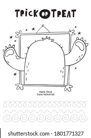 Trick Or Treat Worksheets Coloring Page. Halloween Coloring Page For Kids. Cartoon Pumpkin, Bat, Monsters Activity