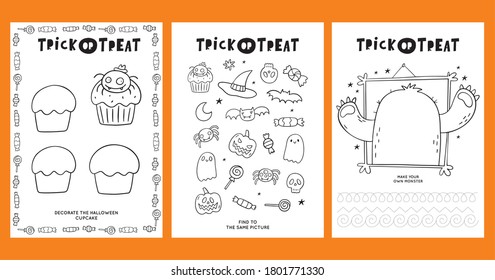 Trick Or Treat Worksheets Coloring Page. Halloween Coloring Page For Kids. Cartoon Pumpkin, Bat, Monsters Activity