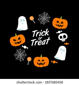 Trick or treat wreath. Halloween card. Flat style vector illustration.
