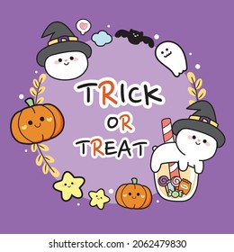 Trick or treat writing.Pumpkin and rabbit in witch costume frame cartoon on purple background.Animal character design.Halloween.Festival.Fall.Autumn.Kawaii.Vector.Illustration.