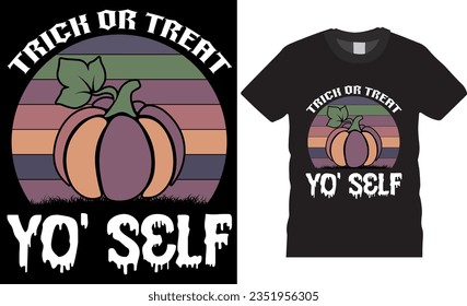 Trick oder behandeln Sie sich selbst Halloween T-Shirt Design Vektorvorlage. Halloween bunt T-Shirts Design Vektorgrafik. Gut für Babybekleidung, Plakat, Karte, Etikett und andere Dekoration.