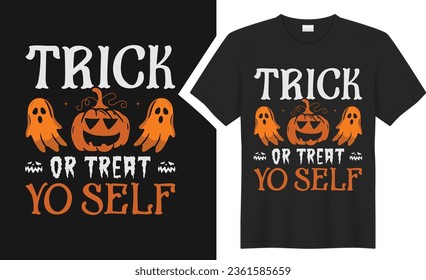 Trata o trata tu diseño de camiseta. tipografía gráfica camiseta de horror de feriado de Halloween. camiseta vectorial creativa. Aislado sobre fondo negro. Perfecto para imprimir objetos y bolsos, póster, tarjeta