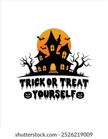 Trick or Treat Yourself, Ilustração, Gráfico, Halloween T-shirt Para Mulheres, Camisas de Halloween para crianças, Design de camiseta, Clipart, Logotipo, Adesivo, Sublimação