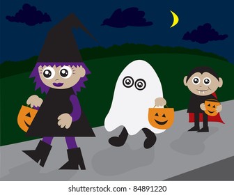 Trick Or Treaters Walking On The Sidewalk.  Witch, Ghost And Vampire.