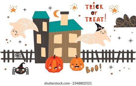 Trick or Treat!Halloween card or banner with cartoon pumpkins,ghosts, house with fence and spider.Cute funny characters,hand written text and doodle elements.Vector flat illustration on white.