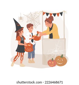 Trick or treating isolated cartoon vector illustration. Trick-or-Treat bag, map of mall stores and candy stations, Halloween tradition, collecting sweets, children in costumes vector cartoon.