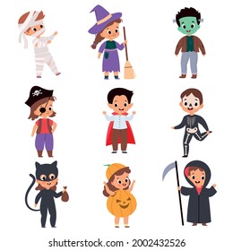 Trick or treating kids. Cartoon boys and girls in festival costumes. Halloween outfits. Isolated skeleton and pirate, reaper or vampire. Monsters celebrating autumn holiday, vector set