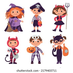 Trick Or Treating Kids. Children Characters In Halloween Costumes. Funny Monster Carnival Outfits. Smiling Boys Or Girls In Festive Cosplay Clothes. Horror Party. Vector