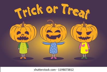 Trick or Treating Kids. Halloween Kids Costume Party. T-shirt printing concept. Pumpkin on the head. Vector cartoon illustration.