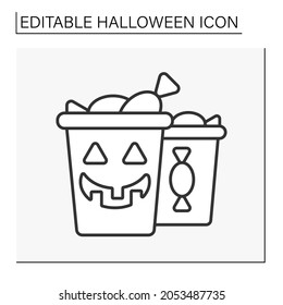  Trick or treating line icon. Children go from door to door asking for sweets. Candies boxes. Halloween concept. Isolated vector illustration. Editable stroke