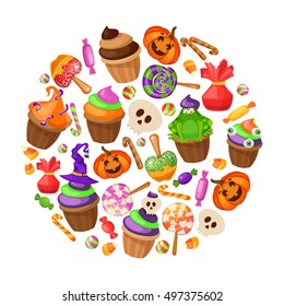 Trick or Treat.Traditional sweets,candies for holiday Halloween.Muffins,cupcakes,cakes decorated in Halloween style.Round banner isolated on white background Retro cartoon style vector illustration