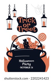 Trick or treet. Candy cauldron, international holiday of horror and fear. Culture and traditions. Witch preparing potion. Fantasy, fairy tale and imagination. Cartoon flat vector illustration