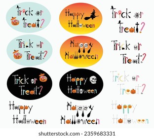Trick or Treat? vector and Happy Halloween vector words creation by using parts of skeleton, human bone head, bloomstick, spooky pumpkin, candies, spider web, grave and others.
