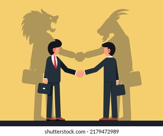 Trickery Or Betrayal. Business Partners Male Characters With Shadows Of Wolf And Sheep Behind Of Them Shaking Hands