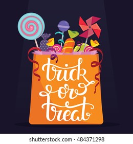 Trick-or-treat. Bag full of candies. Halloween vector poster 