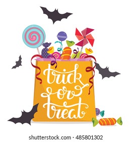 Trick-or-treat. Bag full of candies. Halloween vector poster