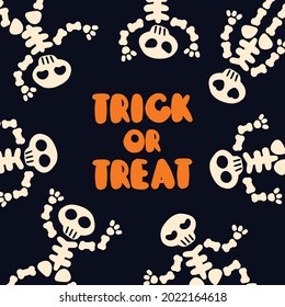 Trick-or-treat card for Halloween with skeletons on a black background