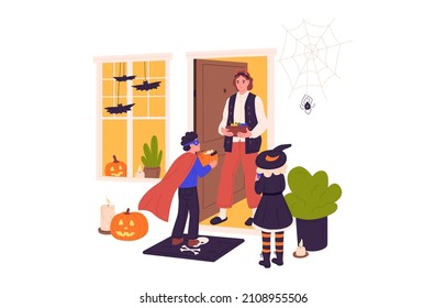 Trick-or-treat, Halloween tradition. Kids disguised in holiday costumes asking for candies in houses. Children coming for sweets in October. Flat vector illustration isolated on white background