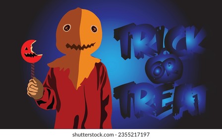 Trick-or-treating concept with scary person behind the pumpkin mask bring the red candy and the letter of trick or treat isolated on dark color