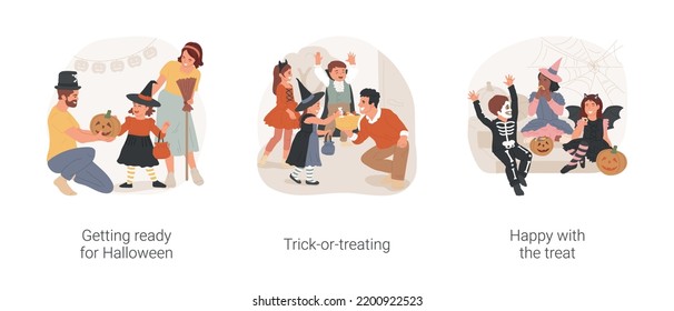 Trick-or-treating Isolated Cartoon Vector Illustration Set. Getting Ready For Halloween, Girl Trying On Witch Hat, Kids Wearing Ghost And Vampire Costumes, Happy With The Treat Vector Cartoon.