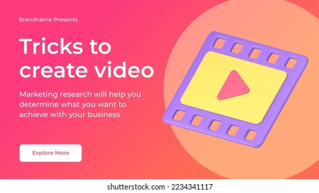 Tricks create video cyber multimedia content e learning cyberspace editor blog training social media banner 3d icon vector illustration. Movie creation film strip and play button camera software app