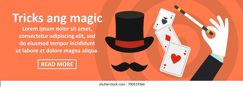 Tricks and magic banner horizontal concept. Flat illustration of tricks and magic banner horizontal vector concept for web