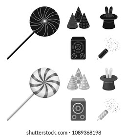 Tricks, music and other accessories at the party.Party and partits set collection icons in black,monochrom style vector symbol stock illustration web.