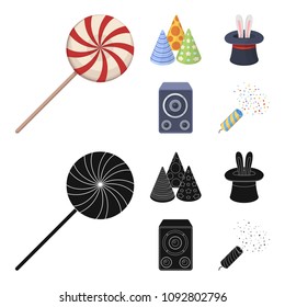 Tricks, music and other accessories at the party.Party and partits set collection icons in cartoon,black style vector symbol stock illustration web.