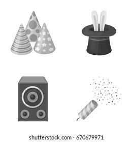 Tricks, music and other accessories at the party.Party and partits set collection icons in monochrome style vector symbol stock illustration web.