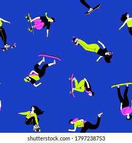 Tricks on skateboard background. Cartoon young girls jumping and training on longboards, street extreme sport concept vector seamless pattern of outdoors active