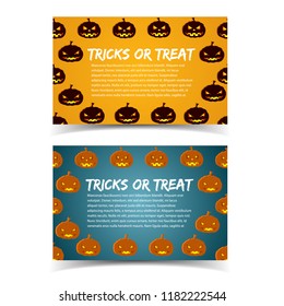 Tricks or treat colorful horizontal banners with place for text information and cartoon decorative symbols of halloween holiday flat vector illustration