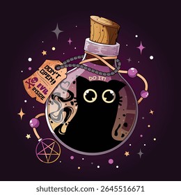 Trickster Monstro do Gato Malvado Preso em Garrafa Mágica Roxa com Encantos - Não Abrir Rótulo. Ilustração de tema de Halloween bonito