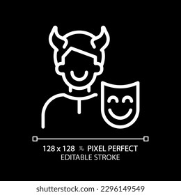 Icono lineal blanco perfecto de píxel trickster para el tema oscuro. Engañar a otras personas. Disparador. Teoría psicoanalítica. Ilustración de línea delgada. Símbolo aislado para el modo nocturno. Trazo editable