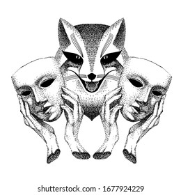 Trickster. Sly fox smiles. Fox with two masks in his hands. Fashionable black and white tattoo. Liar, dodger, mischievous, hoaxer. archetype in mythology, folklore and religion.