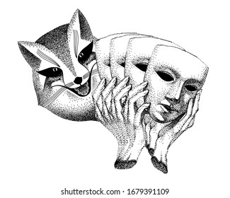 Trickster vector. Fox with masks in his hands. Fashionable black and white tattoo. Liar, dodger, mischievous, hoaxer. archetype in mythology, folklore and religion.