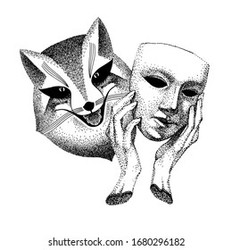 Trickster vector illustration. Fox with mask in his hands. Fashionable black and white tattoo. Liar, dodger, mischievous, hoaxer. archetype in mythology, folklore and religion.