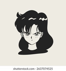 Tricky, angry, vengeful, female face. Cute character. Asian, anime cartoon, manga style. Girl portrait with emotion, expression. Hand drawn modern Vector illustration. Isolated design element