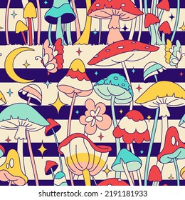 Tricky Crazy Fun Floral Seamless Pattern With Mystical Mushrooms: Psilocybin, Agaric. Groovy Fabric Design With Fungi, Witchcraft Digital Or Wrapping Paper