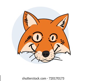 Tricky fox face hand drawn cartoon image. Freehand artistic illustration.