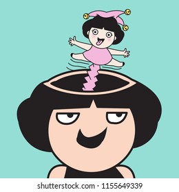 Tricky Funny Girl Looking Up To Clown Joker Girl Jumping Out Of Her Head. Concept Of April's Fool Day Card Character illustration