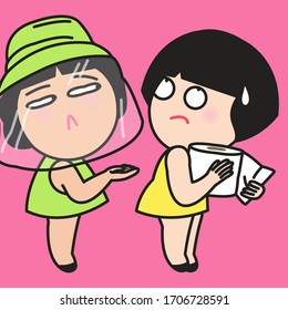 Tricky Girl Wants A Roll Of Toilet Tissue Paper Back From Another Girls Concept Card Character illustration