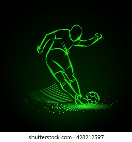 Tricky kick by soccer player. Vector neon illustration.