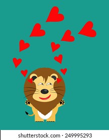 tricky lion cartoon character with red heart vector