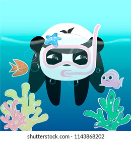 Tricky ninja panda dives under water and hunting for surprised fishes. Suitable for posters, banners, ads, cards, prints for clothes, toys. 