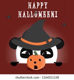 Tricky panda in magic hat hunting for halloween pumpkin vector illustration. Can be used as print for clothes, posters, greeting cards.