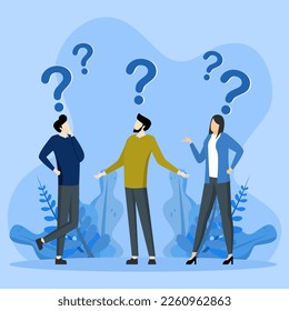 tricky question or misunderstanding concept, People confused with confusion or doubt problem, lost in problem or complex, businessman and entrepreneur with many confusing question marks.