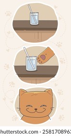 A tricky red cat plays with a cup. Funny illustration for kids. Vector illustration.