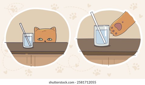 A tricky red cat plays with a cup. Funny illustration for kids. Vector illustration.